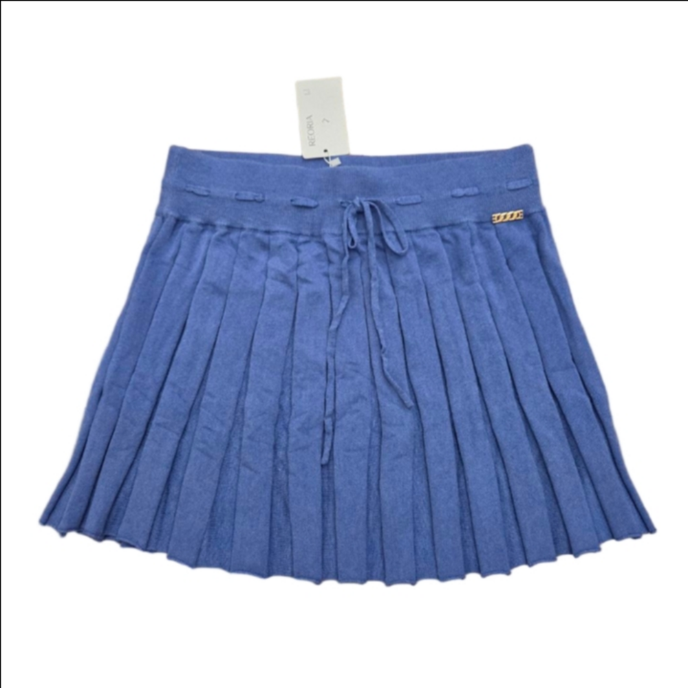 Women's REORIA Blue Pleated Knit Mini Skirt L with Gold Detail size large